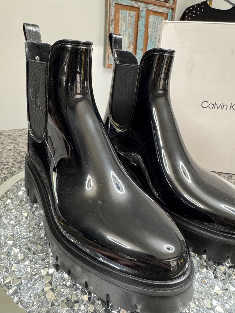 Calvin Klein Wende Black Patent Chunky Chelsea Rain Boots NEW 9 - Picture 3 of 14